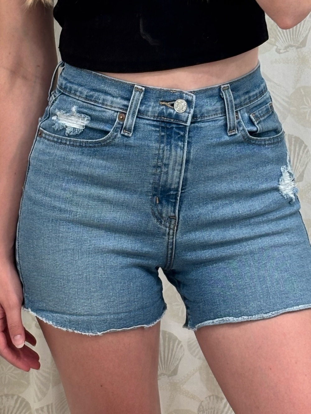 Levi's Light Blue High-Rise Distressed Denim Shorts